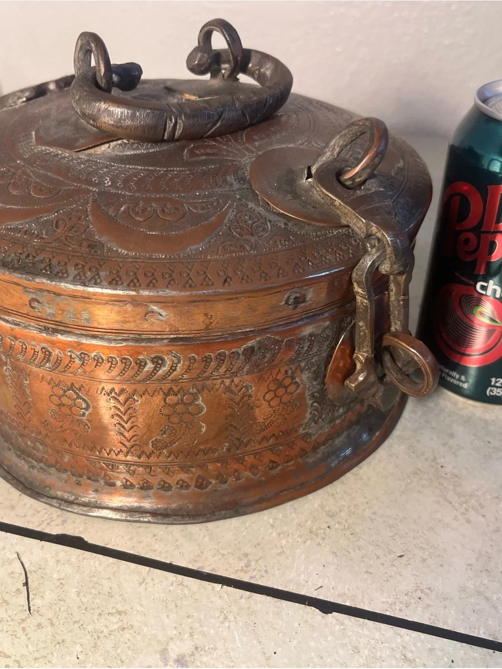 Antique Copper Hand Etched Hammered Indian Chapati Box
